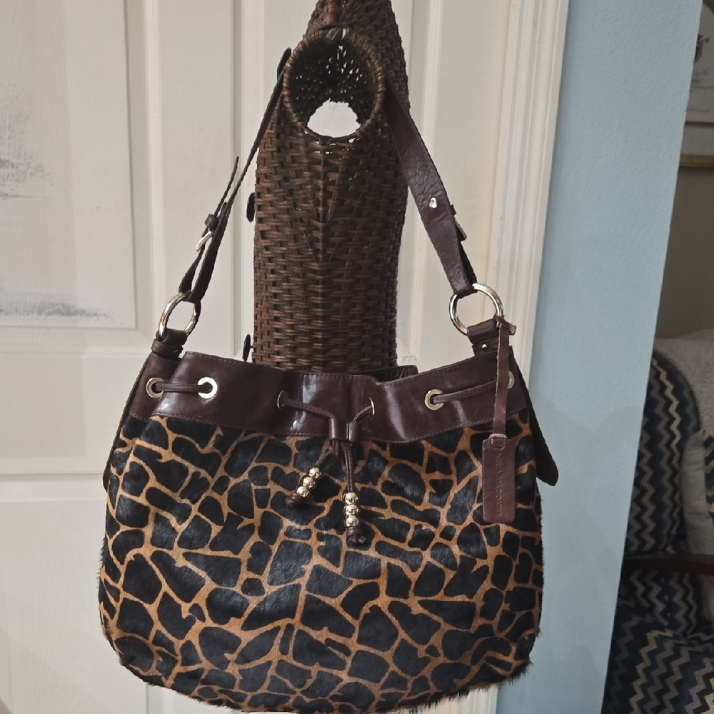 Aqua Madonna Calfskin Hobo Drawstring Brown Giraffe Print Women's Bag